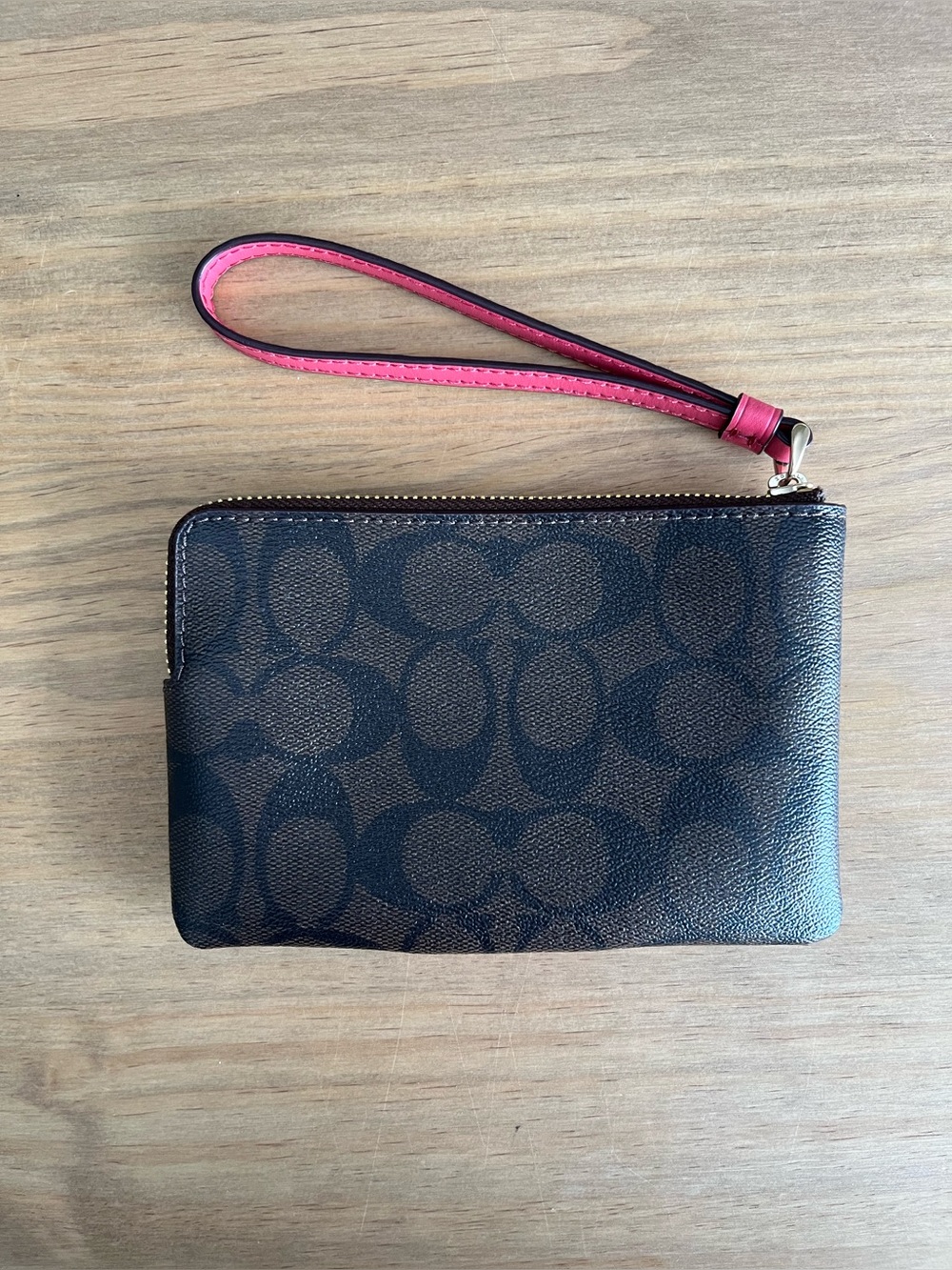 NWT COACH Corner Zip Wristlet F58035 Signature Canvas Leather Stripe Brown Pink - Picture 3 of 6